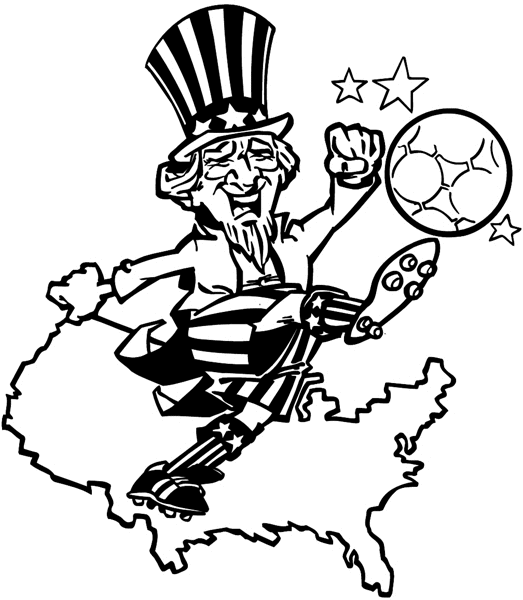 Uncle Sam kicking a soccer ball vinyl sticker. Customize on line. Sports 085-0944